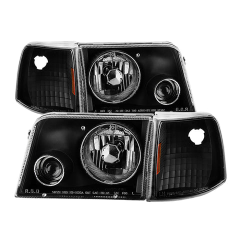 Xtune Ford Ranger 93-97 Projector Headlights w/ Corner Lights Black PRO-JH-FR93-SET-BK