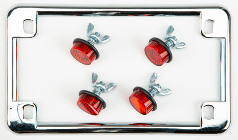 License Plate Frame W/4 Red Reflectors Chrome