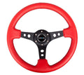 NRG Reinforced Steering Wheel (350mm / 3in. Deep) Red Leather/Blk Stitch w/Blk Circle Cutout Spokes