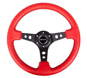 NRG Reinforced Steering Wheel (350mm / 3in. Deep) Red Leather/Blk Stitch w/Blk Circle Cutout Spokes